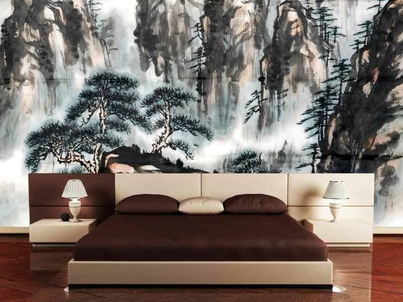 deko japanische schlafzimmer tapete landschaft baeume bett modern