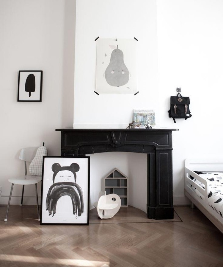 deko-kamin-kinderzimmer-wohnideen-schwarz-weiss-minimalistisch-modern-skandinavisch