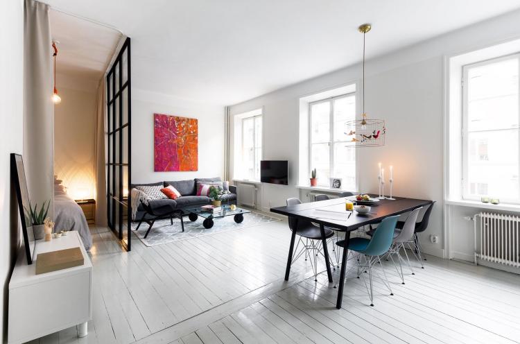 deko-wohnzimmer-skandinavisch-esszimmer-schwarz-weiss-eames-chairs