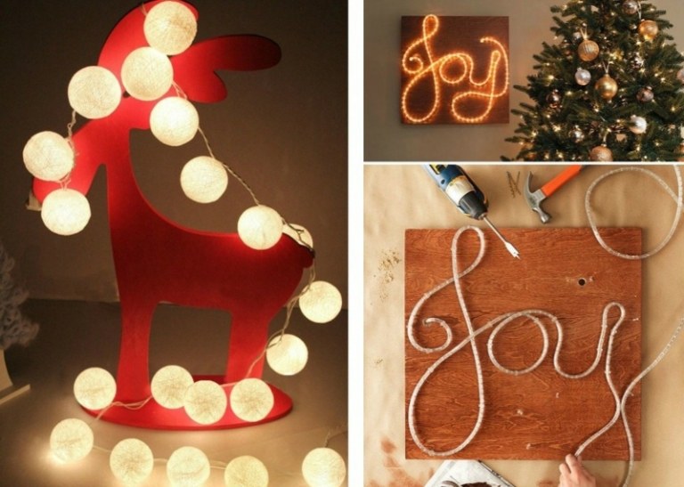 diy beleuchtung weihnachten wanddeko selbermachen joy lichterkette rentier modern