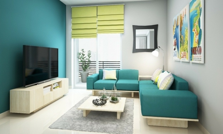farben feng shui aquamarin wandgestaltung couch lowboard lindgruen plissee