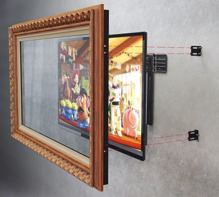 Flachbildfernseher an die Wand hängen -bilderrahmen-holz-wandhalterung