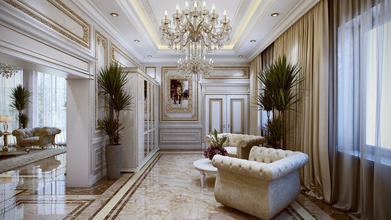 französische luxus einrichtung flur marmor fussboden sessel kronleuchter edel design