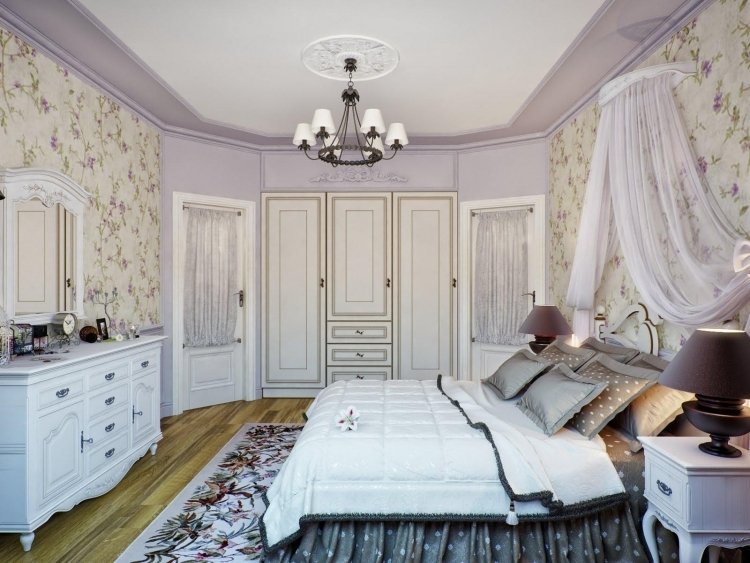franzosischer-landhausstil-wohnaccessoires-schlafzimmer-tapete-floral-muster-fliederfarbe