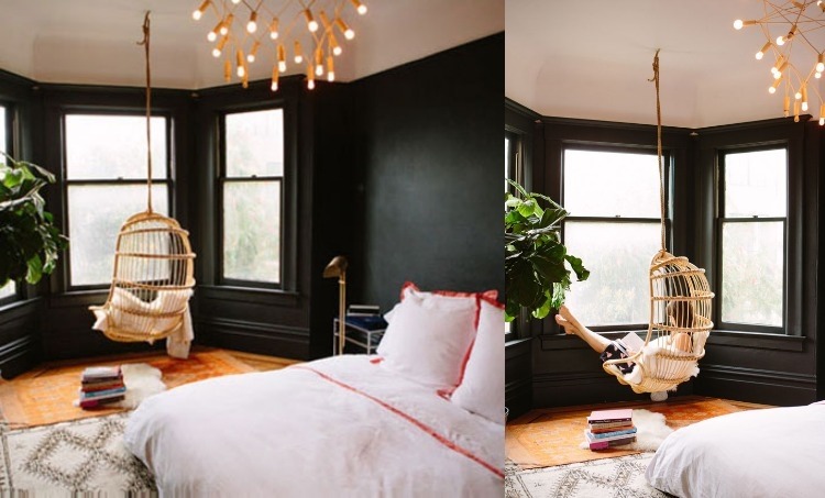 hangesessel-korb-rattan-schlafzimmer-wandfarbe-schwarz-bett-kronleuchter-design