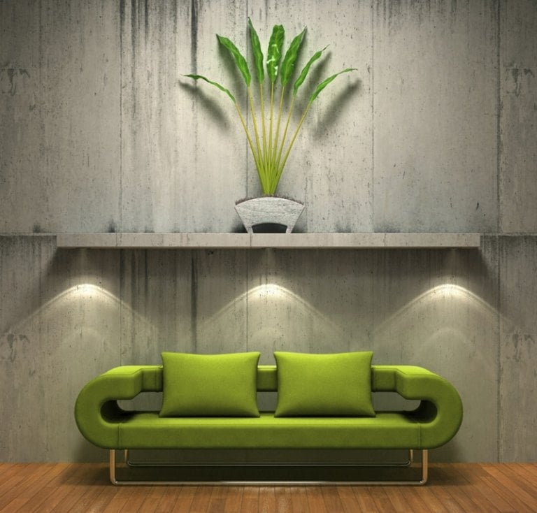 ideen zu sofa gruen modern design dekokissen pflanze beton optik wand