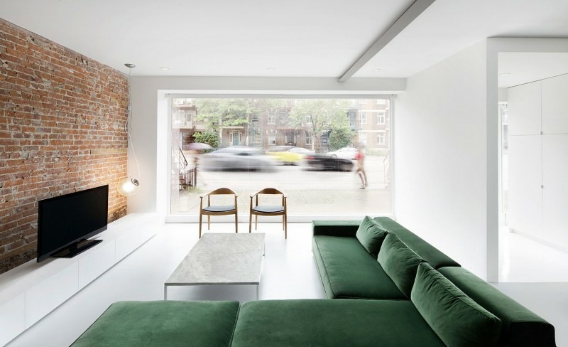 ideen zu sofa gruen petrol farbe backstein lowboard weiss minimalistisch