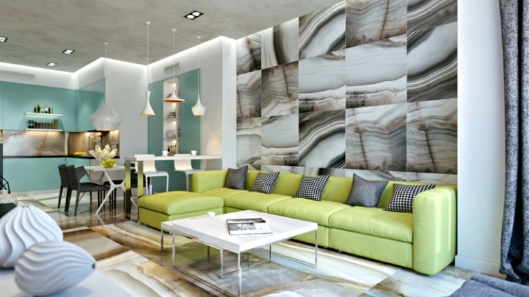 ideen zu sofa gruen wanddesign marmor patchwork fliesen tuerkis akzentwand