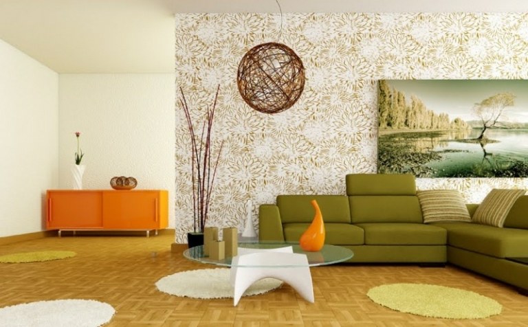 ideen zu sofa in grün moebel retro look kommode orange tapete muster