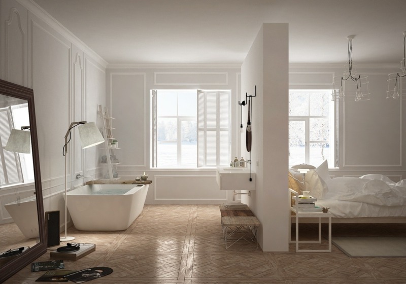 Luxus Badewannen offen badezimmer trennwand schlafzimmer spiegel