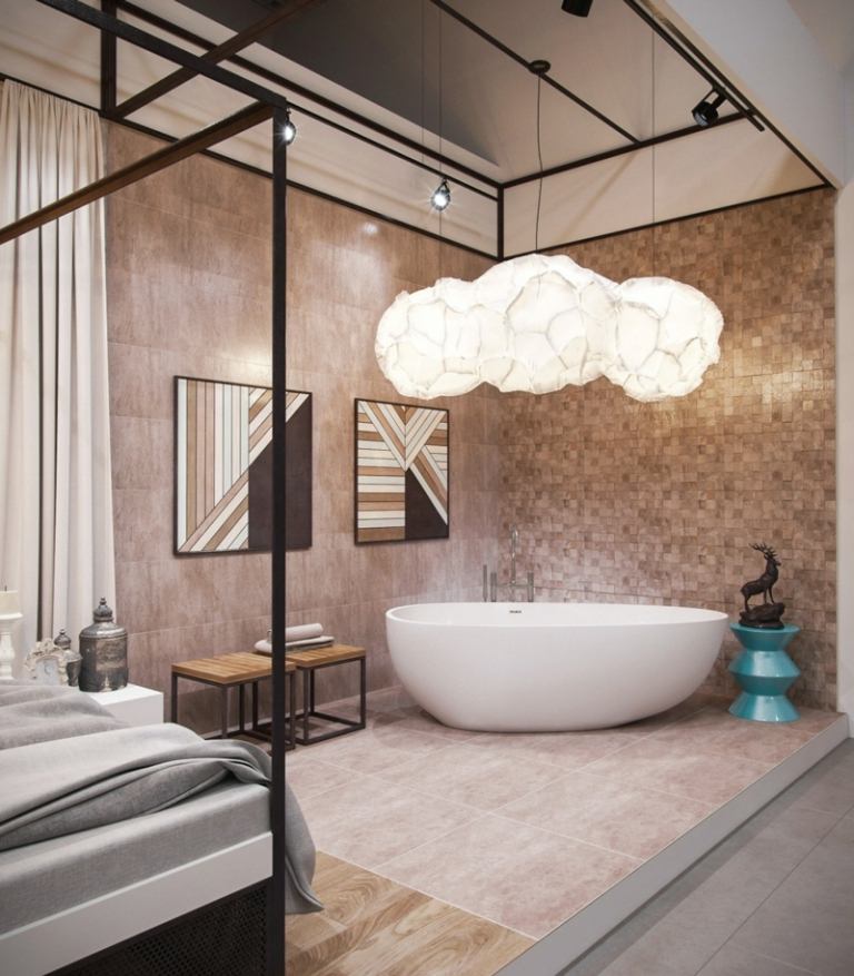 luxus badewanne schlafzimmer freistehend modern lampen bett