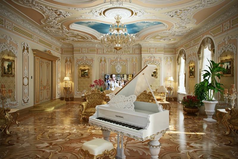 luxus einrichtung franzoesische klavier weiss parkett edel decke ornamente hellblau