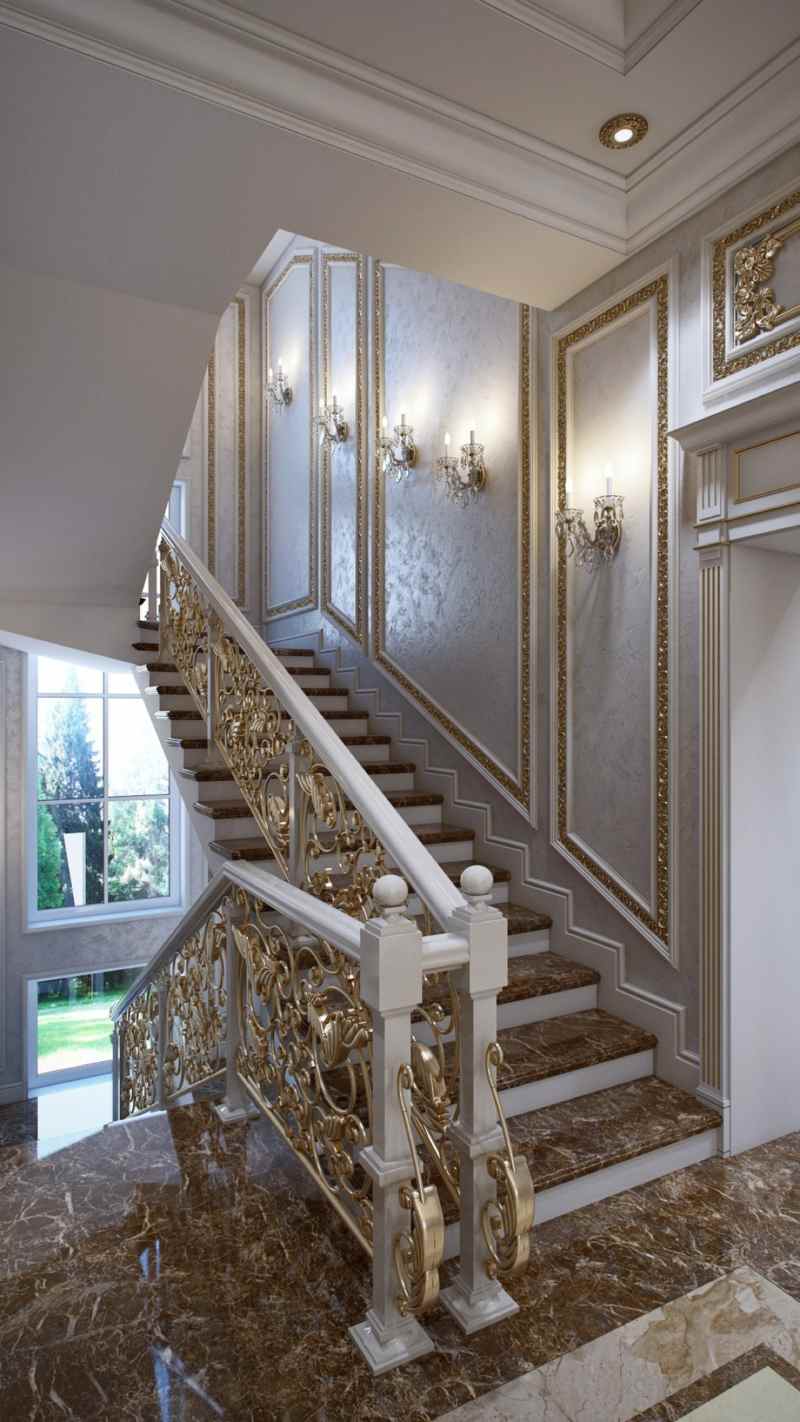 luxus einrichtung franzoesische wandlampen treppenbereich stufen marmor braun