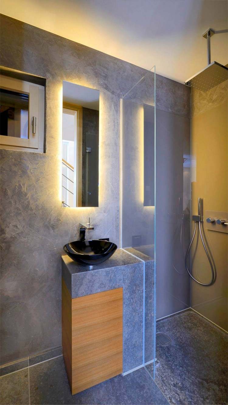 Moderne Gemütlichkeit bio-effizienz-bad-begehbare-dusche-led-licht-stein-holz