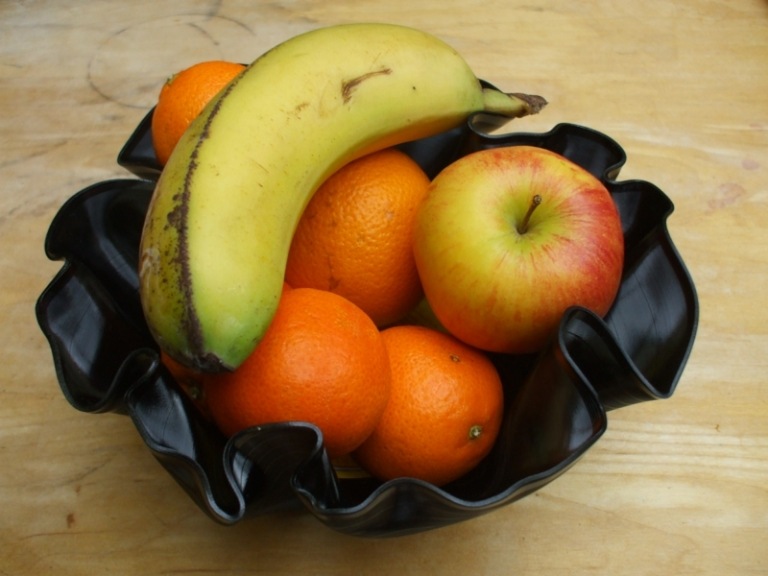 schale schallplatte obst banane orangen apfel idee nuetzlich