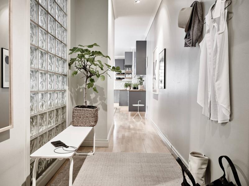 Sitzbank im Flur -modern-skandinavisch-grau-weiss-minimalistisch-wandgarderobe-pflanze