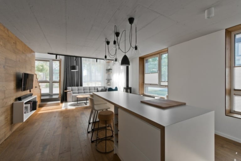 skandinavischer stil grau kuecheninsel minimalistisch wohnwand sideboard