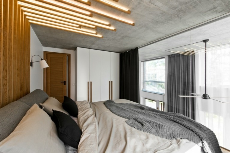 skandinavischer stil in grau bett beton decke glas wand