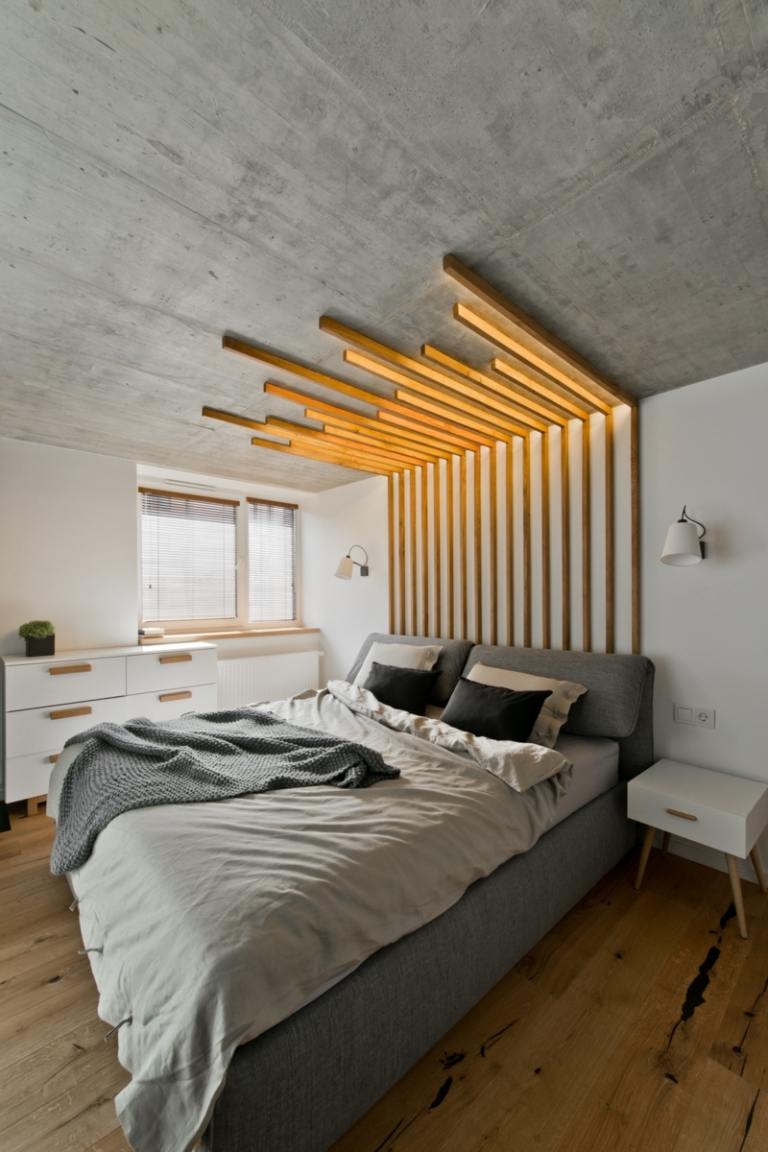 skandinavischer stil in grau schlafzimmer kopfbrett leisten beleuchtung