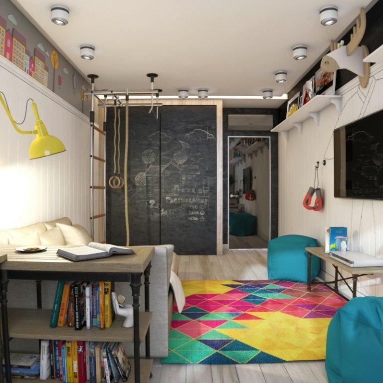 wandfarbe schwarze kinderzimmer modern bunt teppich geometrisch klettergeruest