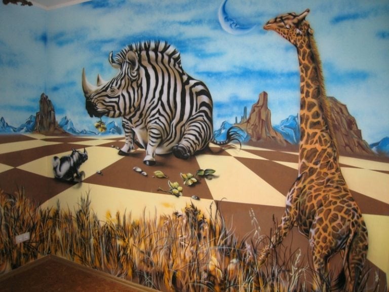 wandbemalung im kinderzimmer afrika thema giraffe nashorn zebra schachbrettmuster 3d