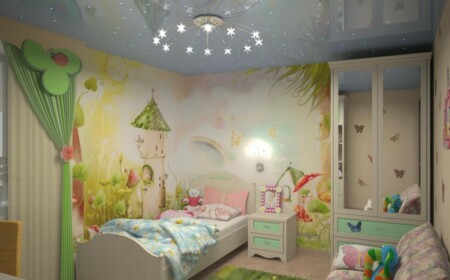 wandmalerei im kinderzimmer maerchen turm romantisch bett weiss moebel minzgruen