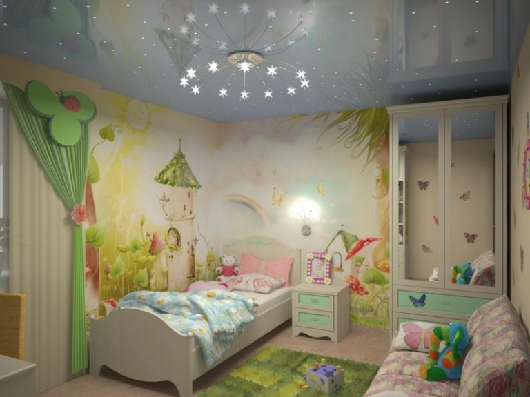 Wandbemalung im Kinderzimmer maerchen turm romantisch bett weiss moebel minzgruen