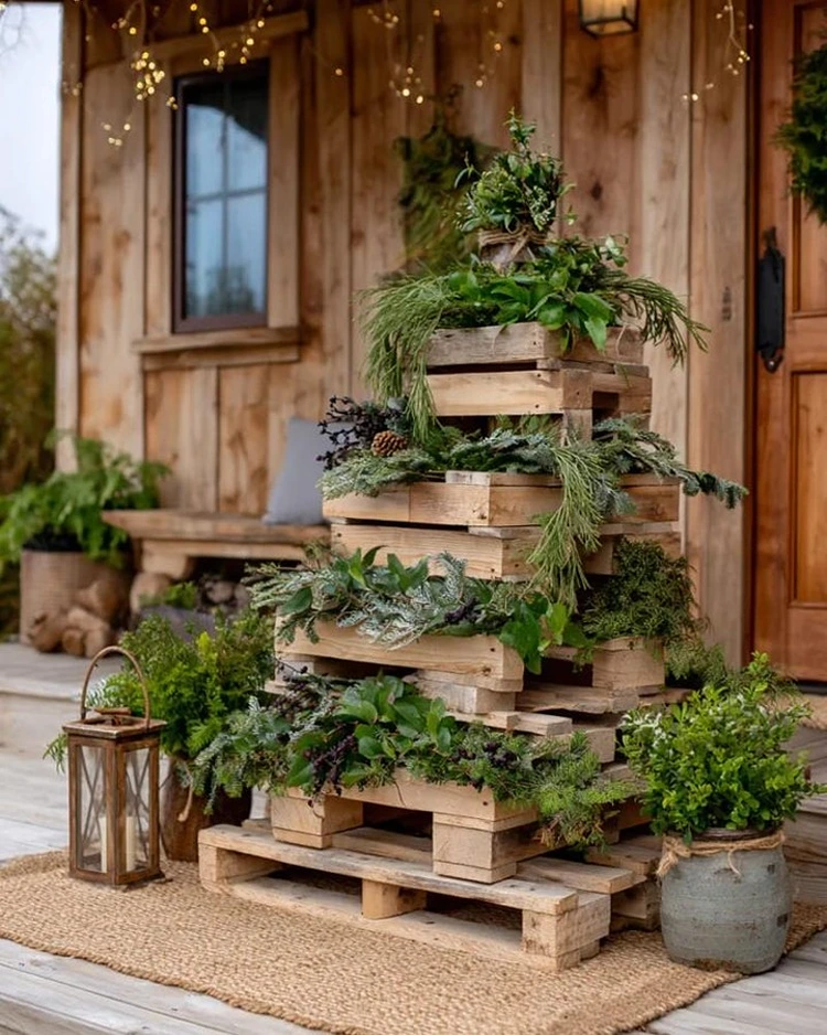 weihnachtlicher pflanzenturm aus holzkisten