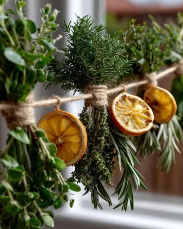 winterliche kräuter girlande mit trockenobst