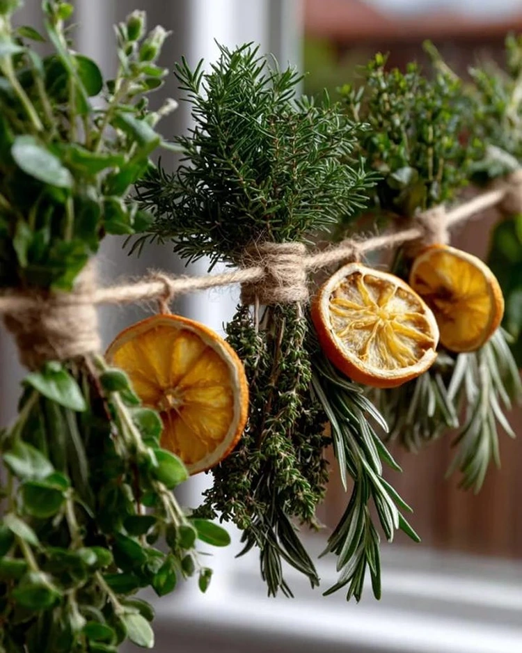 winterliche kräuter girlande mit trockenobst