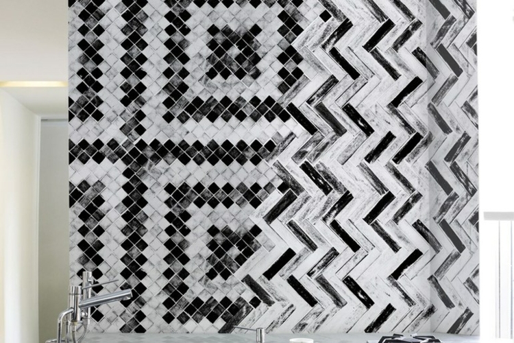 badezimmer tapete schwarz weiss geometrisch mosaik look criss cross