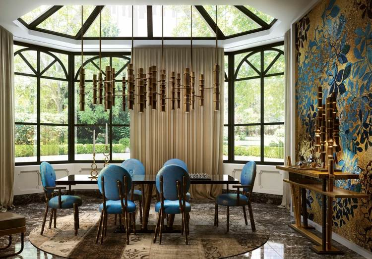 bambus möbel design hellblau stuehle ebenholz elegant wandgestaltung gold akzent