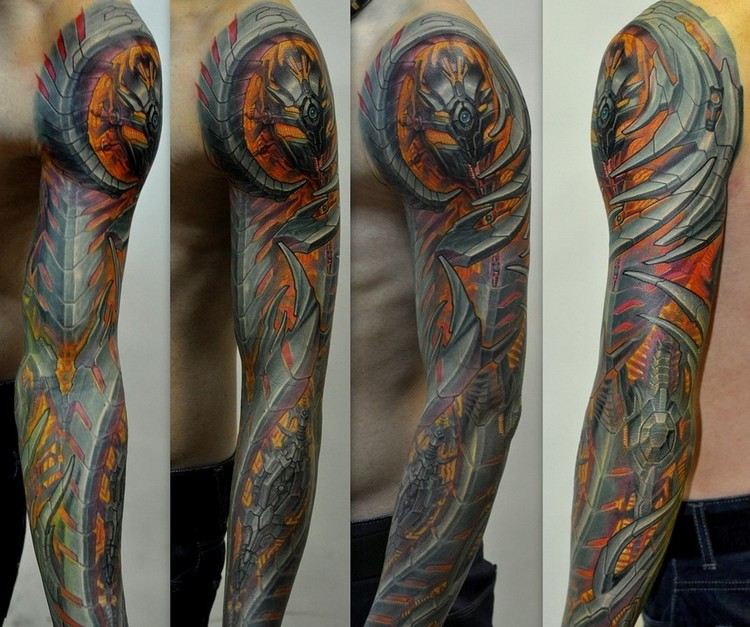 biomechanik-tattoo-ganzer-arm-feuer-metall-teile