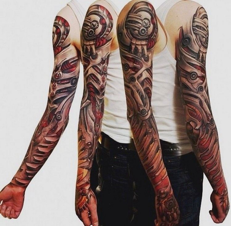 biomechanik tattoo ganzer arm rote akzente