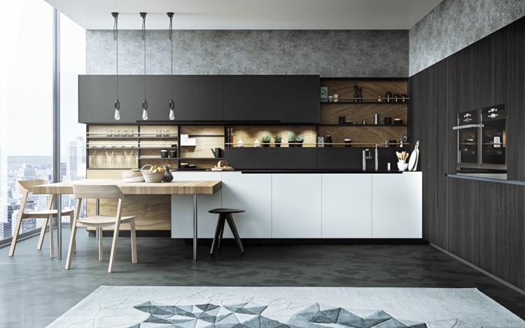 deko mit küchenteppich akzent fussboden dunkel geometrisch muster kueche minimalistisch