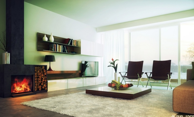 farbideen wohnung gruen pastellton wandfarbe neutrale einrichtung-wohnzimmer kamin