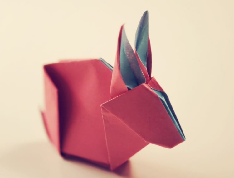 hase origami blau rosa papier einfach bastelidee
