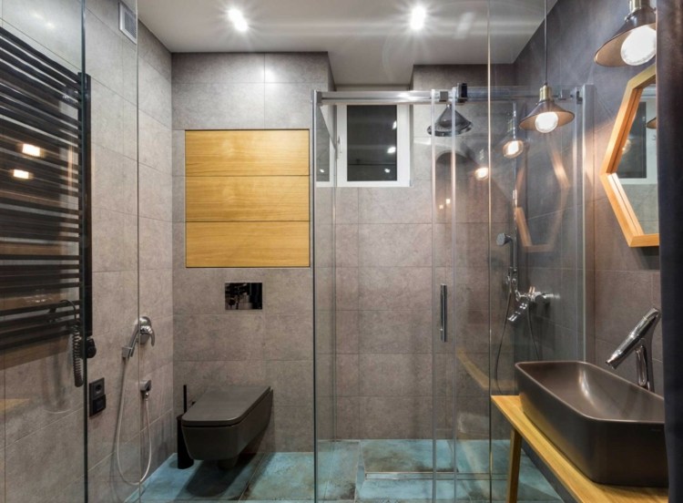 idee weinregal design badezimmer modern glasdusche tuerkis fussboden