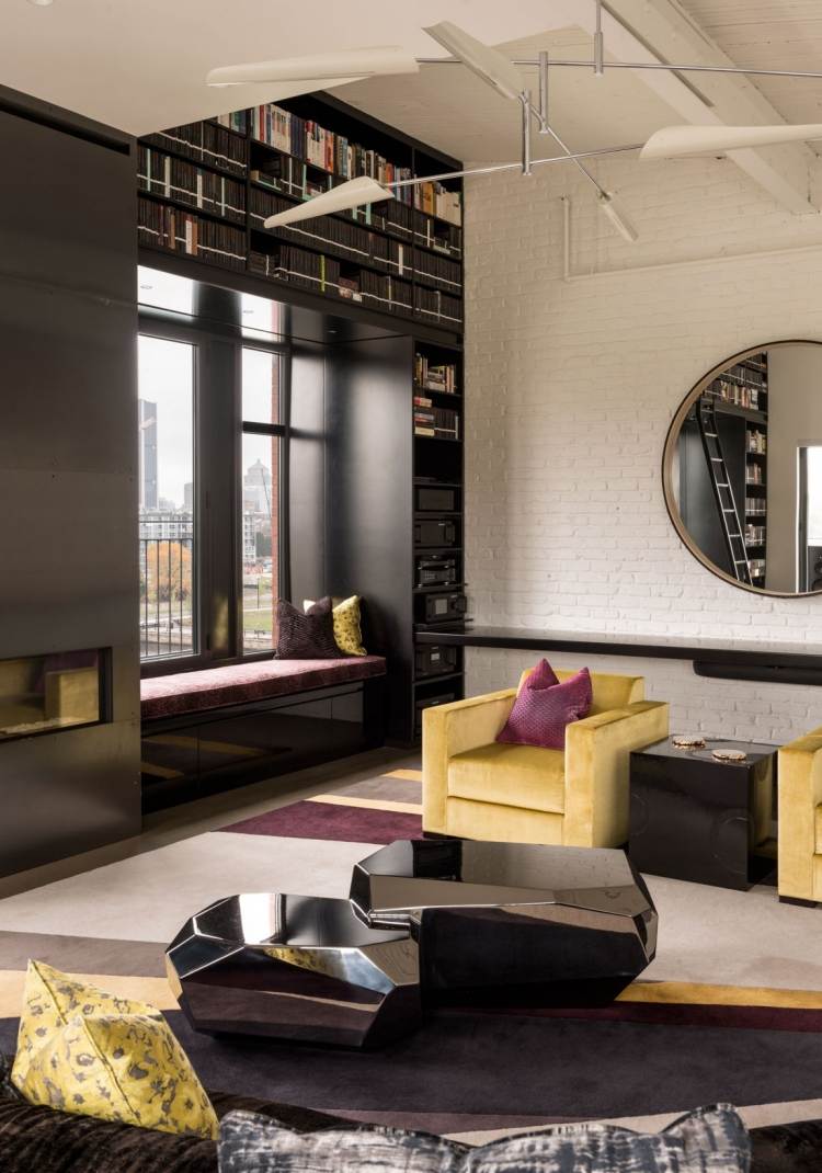 Industrial Chic -luxus-loft-wohnung-wohnzimmer-schwarz-weiss-gelb-aubergine