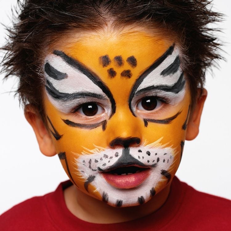 kinderschminken fasching tiger luchs malen wildkatze idee orange weiss