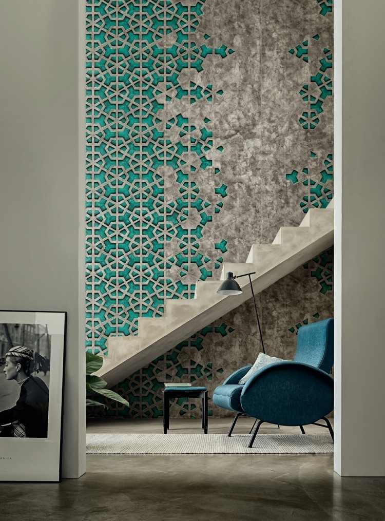 moderne-wandgestaltung-dekoration-tapete-treppe-rau-mosaik-fliesen-imitat
