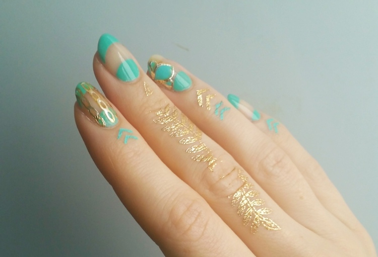 nageldesign trend 2016 tuerkis gold gestaltung tattoo finger glamour
