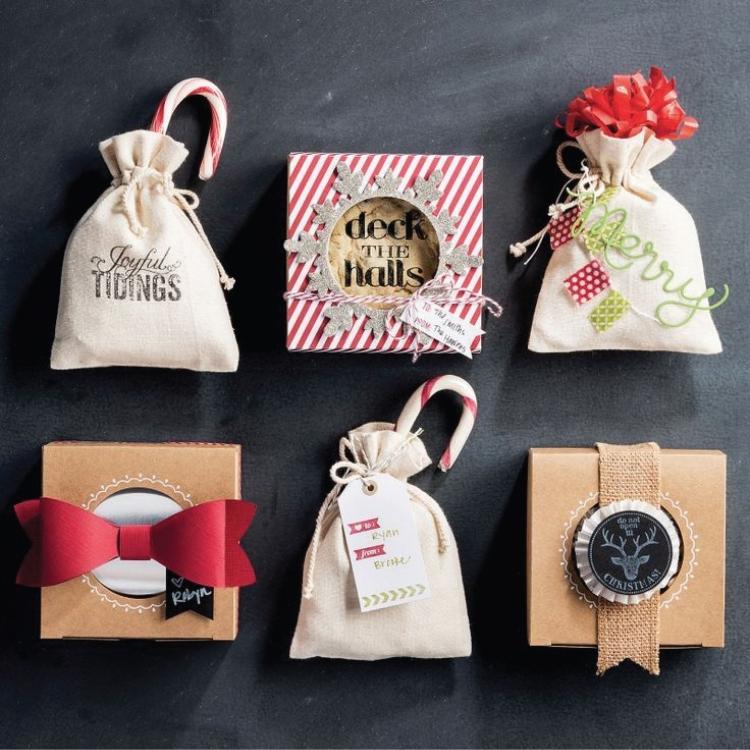 originelle Geschenkverpackung basteln-weihnachten-klein-stoff-braunpapier-kisten