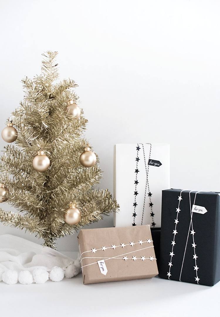 originelle-geschenkverpackung-basteln-weihnachten-weiss-schwarz-braunpapier
