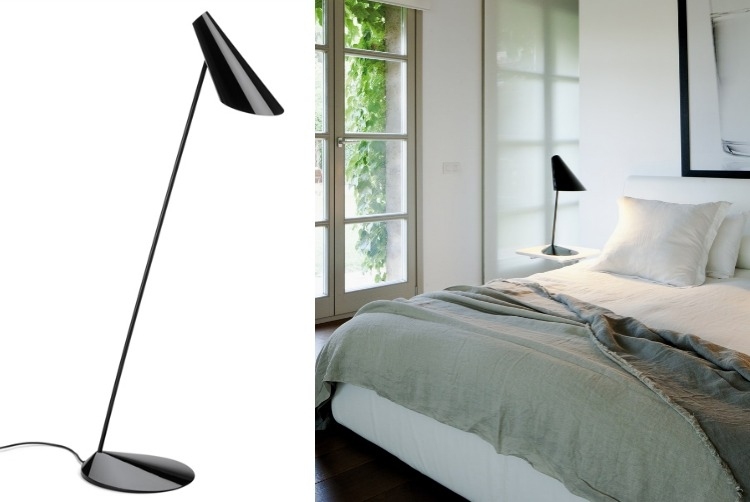 schlafzimmer-beleuchtung-minimalistisch-stehlampe-kegelfoermig-lampenschirm