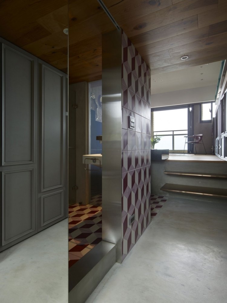 stilmix-wohnen-einrichtung-einzimmerwohnung-flur-bad-fliesen-muster-beton