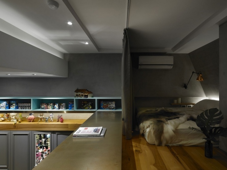 stilmix-wohnen-einrichtung-einzimmerwohnung-schlafbereich-dielenboden-nische-vorhaenge