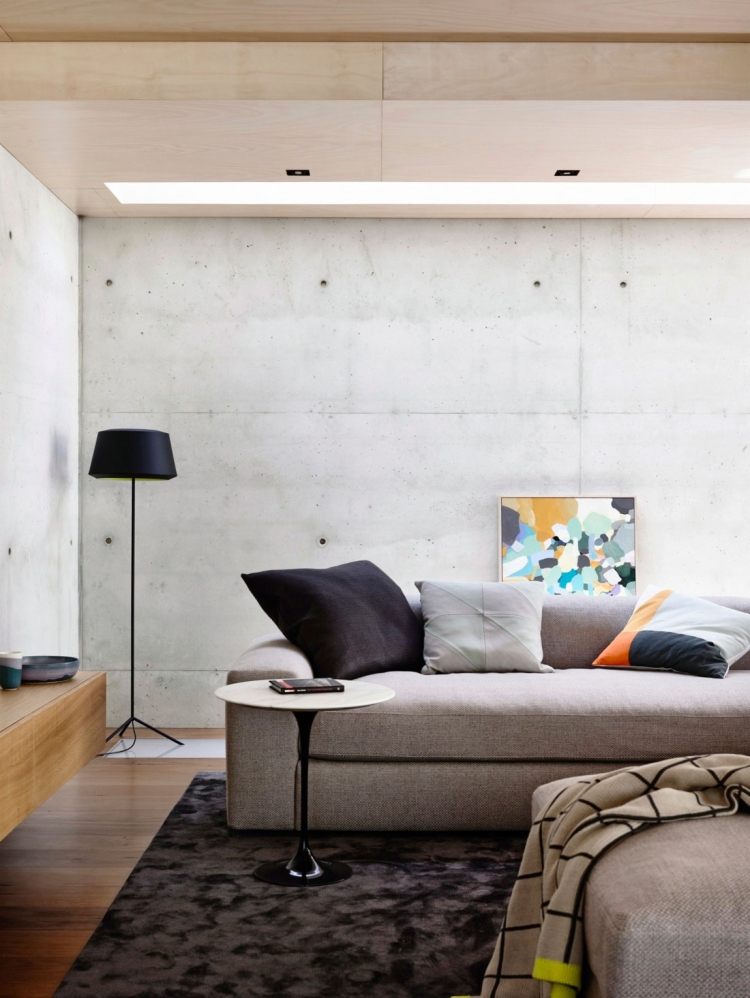 Tageslicht Spot -licht-dach-lichtschacht-beton-wand-couch-grau-kissen-deko