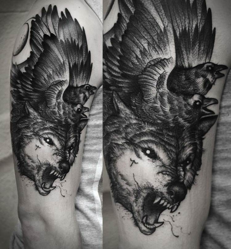 tattoo wolf fenriswolf fenrir zaehne raben kombination oberarm