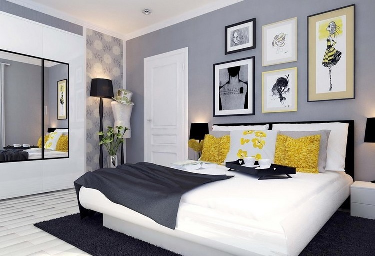 wohnideen-farbgestaltung-schlafzimmer-hellgrau-akzente-gelb-schwarz